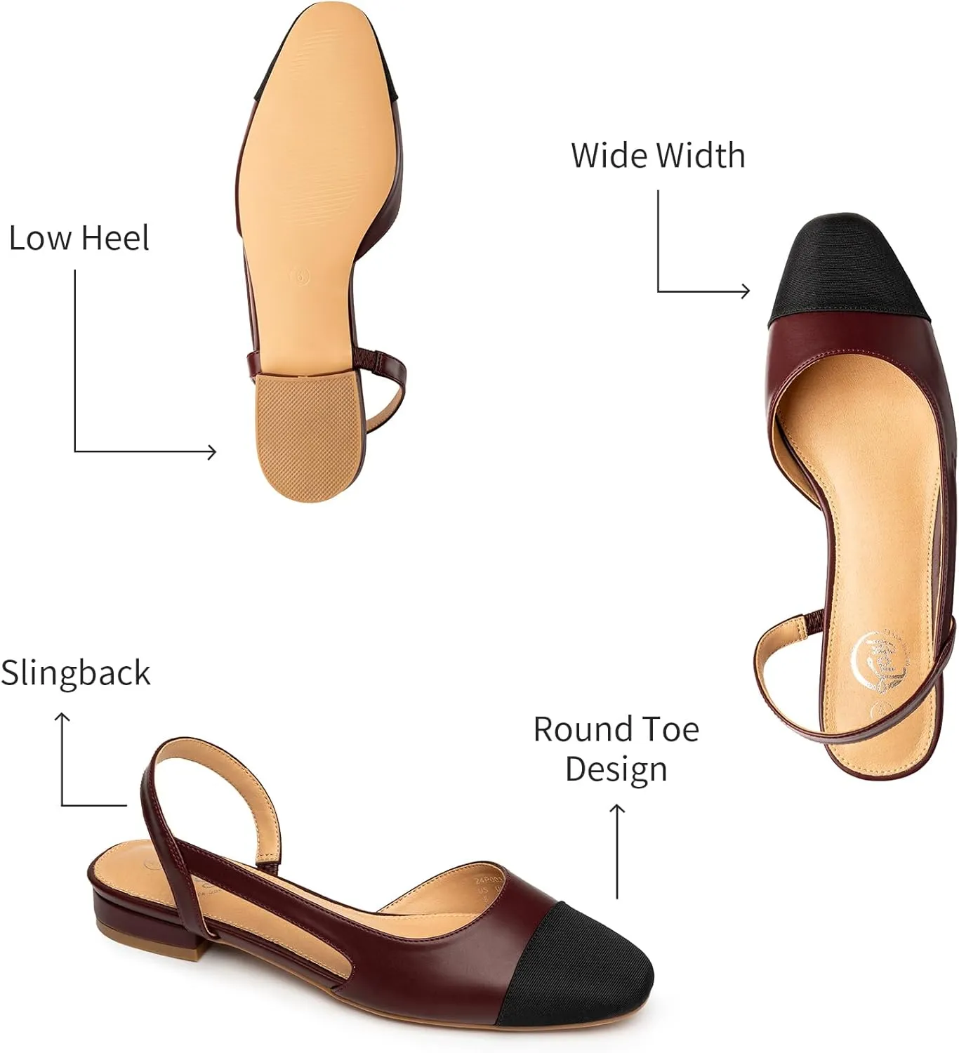 Trary Slingback Flats for Women, Black Dressy Comfortable Round Square Toe Shoes, Work Office Casual Ankle Strap Dress Flats