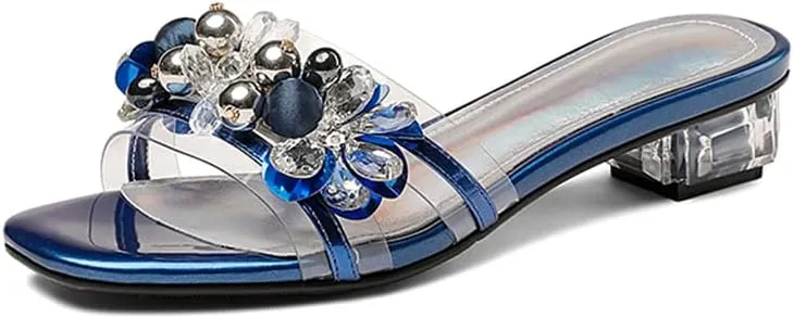 Tscoyuki Women's Transparent Chunky Heel Sandals, Slip On Pearl/Rhinestones Mule Open Toe Pumps Dress Sandals