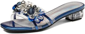 Tscoyuki Women's Transparent Chunky Heel Sandals, Slip On Pearl/Rhinestones Mule Open Toe Pumps Dress Sandals