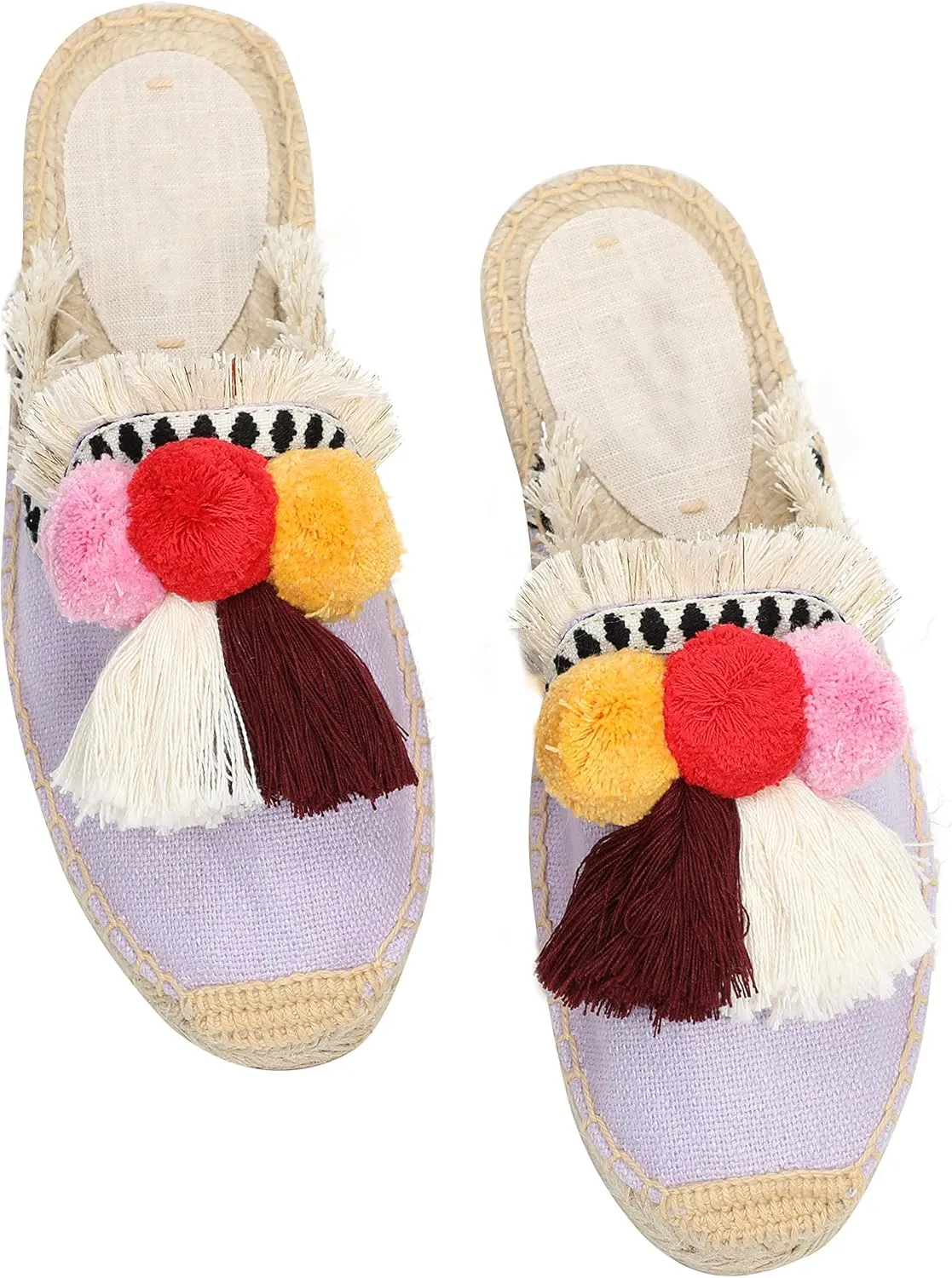 U-lite Women's Comfort Red Tassel & Fluffy Ball Embellishment Canvas Mule Shoes Espadrilles