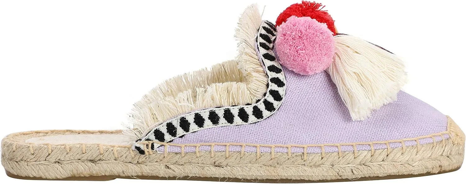 U-lite Women's Comfort Red Tassel & Fluffy Ball Embellishment Canvas Mule Shoes Espadrilles