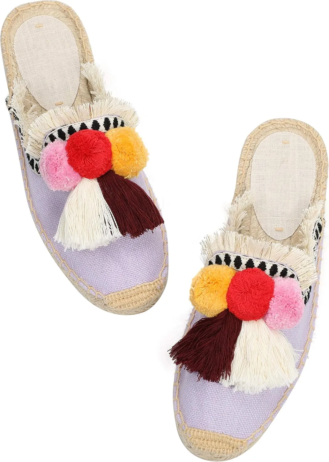 U-lite Women's Comfort Red Tassel & Fluffy Ball Embellishment Canvas Mule Shoes Espadrilles
