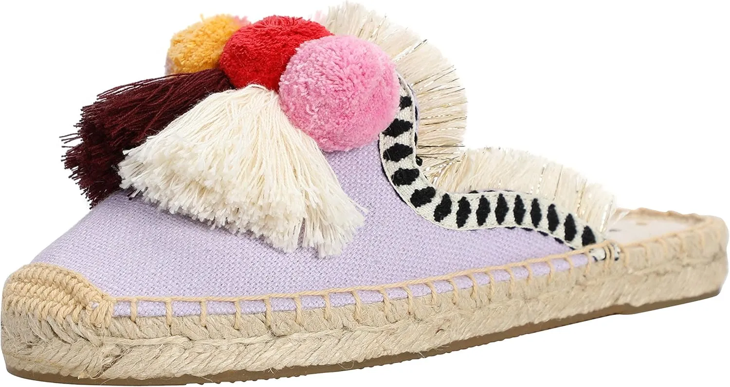 U-lite Women's Comfort Red Tassel & Fluffy Ball Embellishment Canvas Mule Shoes Espadrilles