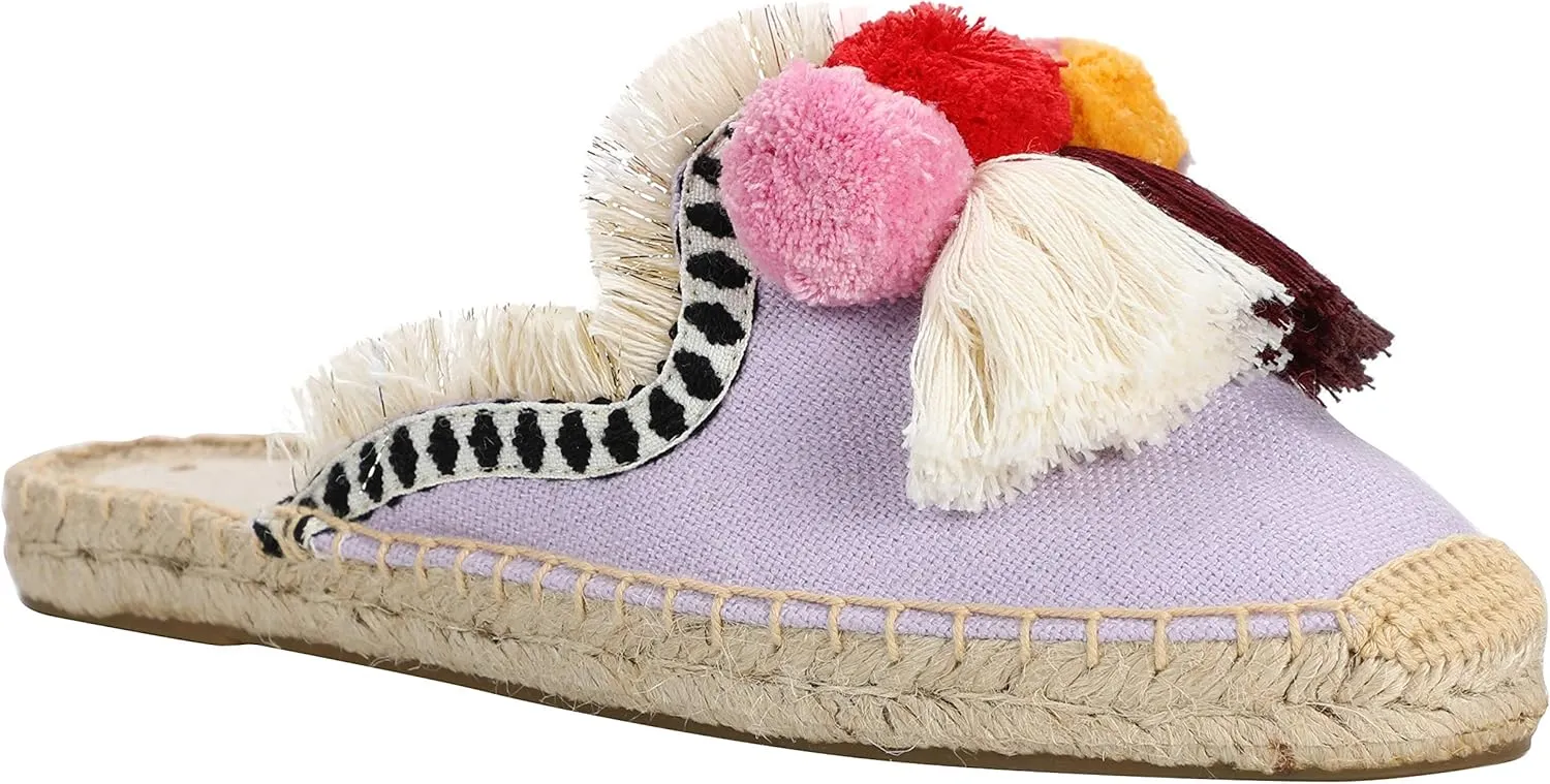 U-lite Women's Comfort Red Tassel & Fluffy Ball Embellishment Canvas Mule Shoes Espadrilles