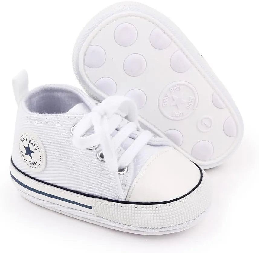 Unisex Baby Soft Sole Sneakers, Canvas Denim High Top, Newborn Infant First Walkers
