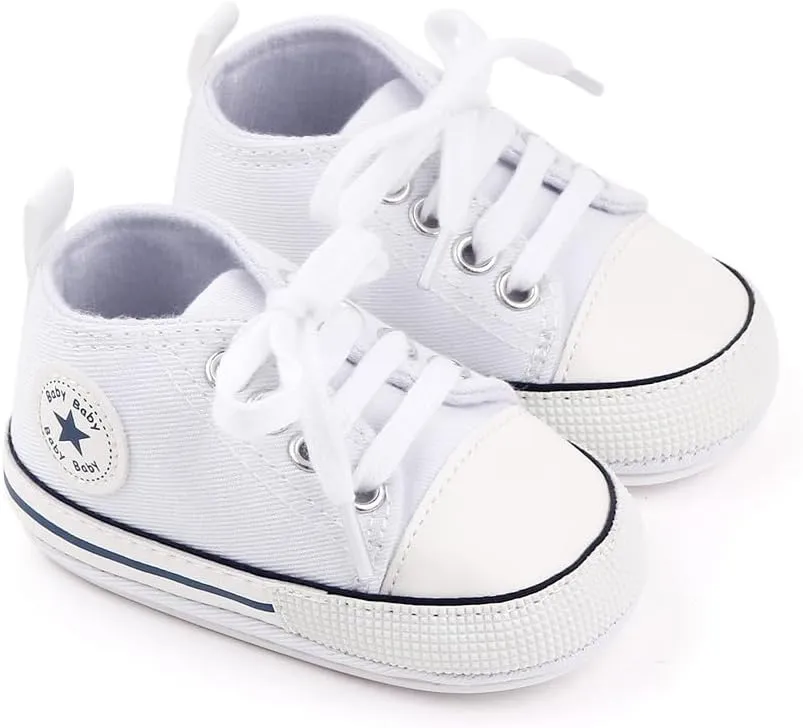Unisex Baby Soft Sole Sneakers, Canvas Denim High Top, Newborn Infant First Walkers
