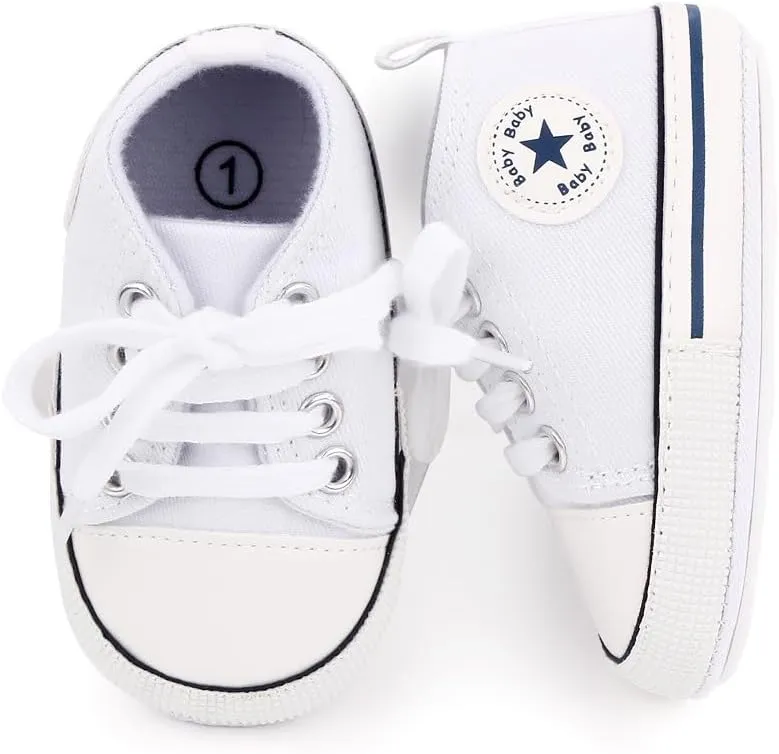 Unisex Baby Soft Sole Sneakers, Canvas Denim High Top, Newborn Infant First Walkers