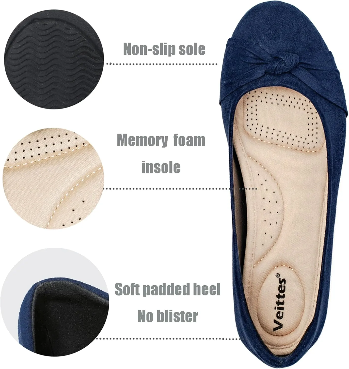 Veittes Women's Wide Width Flat Shoes, Classic Soft Round Toe Design Ballet Flats.