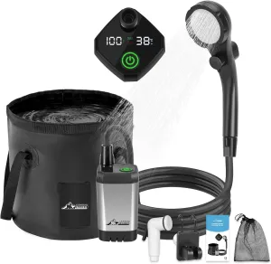 WADEO Portable Camping Shower, 6000mAh Rechargeable Shower Pump, Filtered Shower Head & 5 Gallons Foldable Bucket, Outdoor Shower for Hiking Beach, Travel, Pet Bath, Car Washing, Surf & Boat Cleaning
