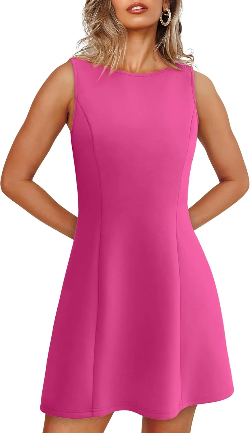WIHOLL Women's Summer A-Line Sleeveless Boat Neck Mini Dress Club Party Little Short Dresses