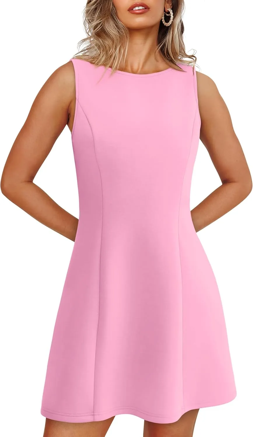 WIHOLL Women's Summer A-Line Sleeveless Boat Neck Mini Dress Club Party Little Short Dresses
