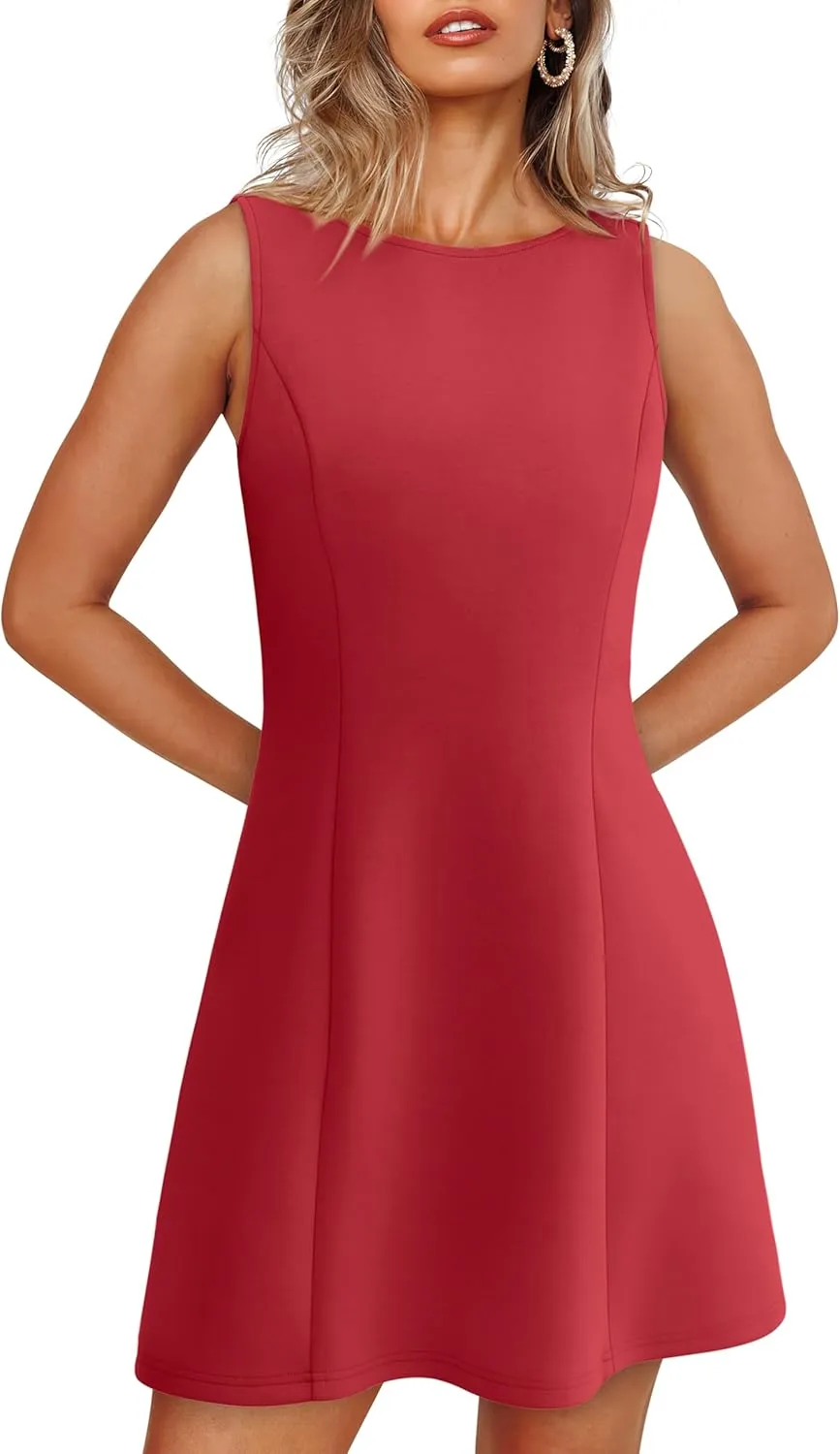 WIHOLL Women's Summer A-Line Sleeveless Boat Neck Mini Dress Club Party Little Short Dresses