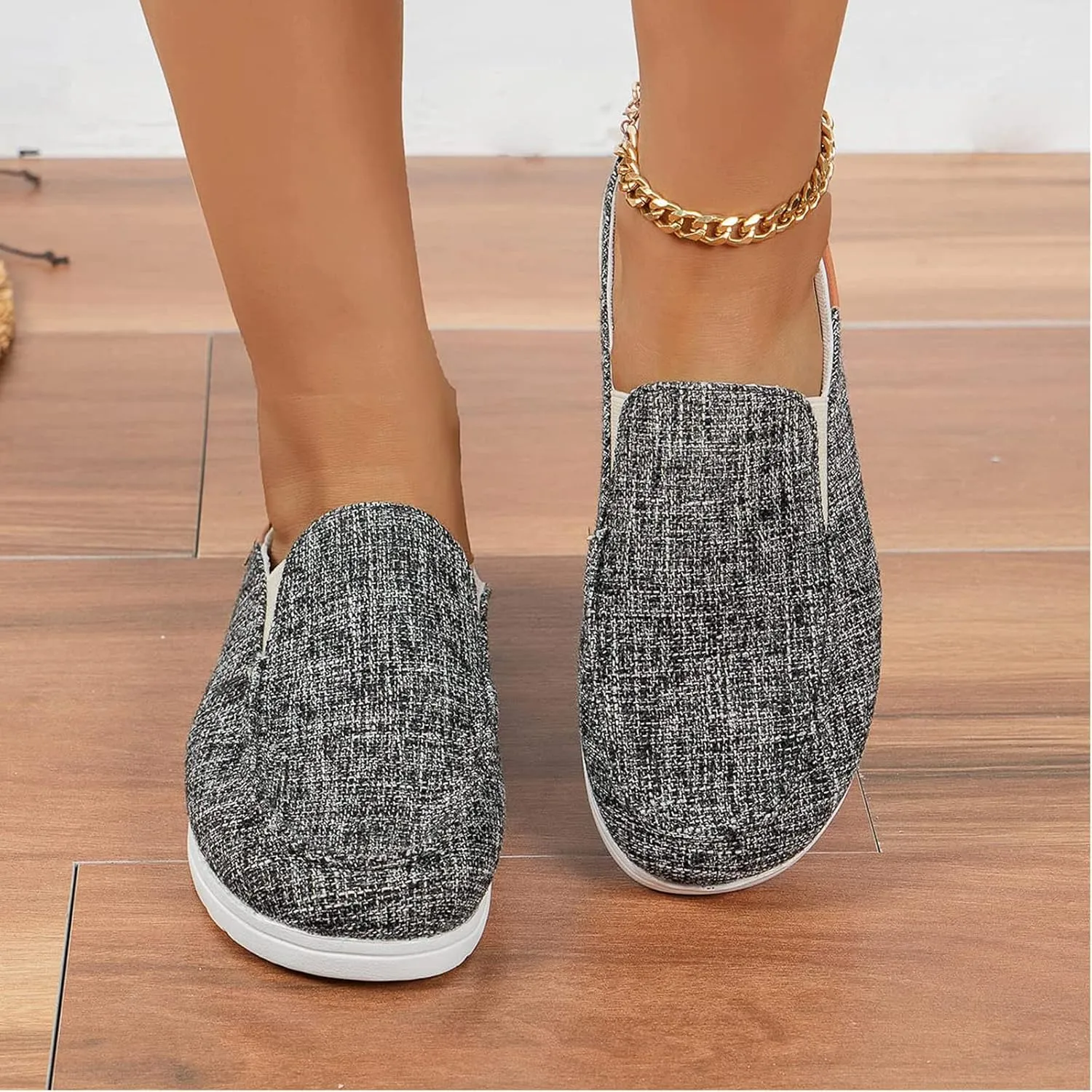 Women Canvas Slip On Lightweight Mule Sneaker,Summer Fashion Open Back Flats Walking Shoes Closed Round Toe Low Top Casual Loafer Comfort Walking Shoes