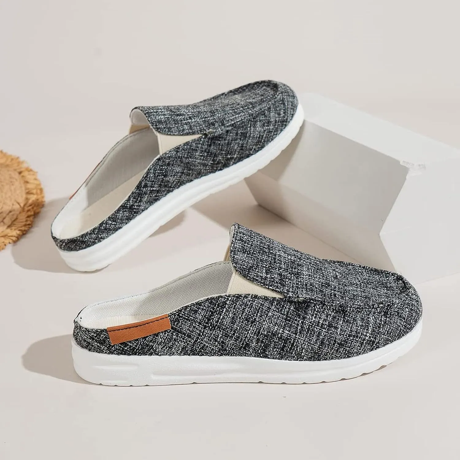 Women Canvas Slip On Lightweight Mule Sneaker,Summer Fashion Open Back Flats Walking Shoes Closed Round Toe Low Top Casual Loafer Comfort Walking Shoes