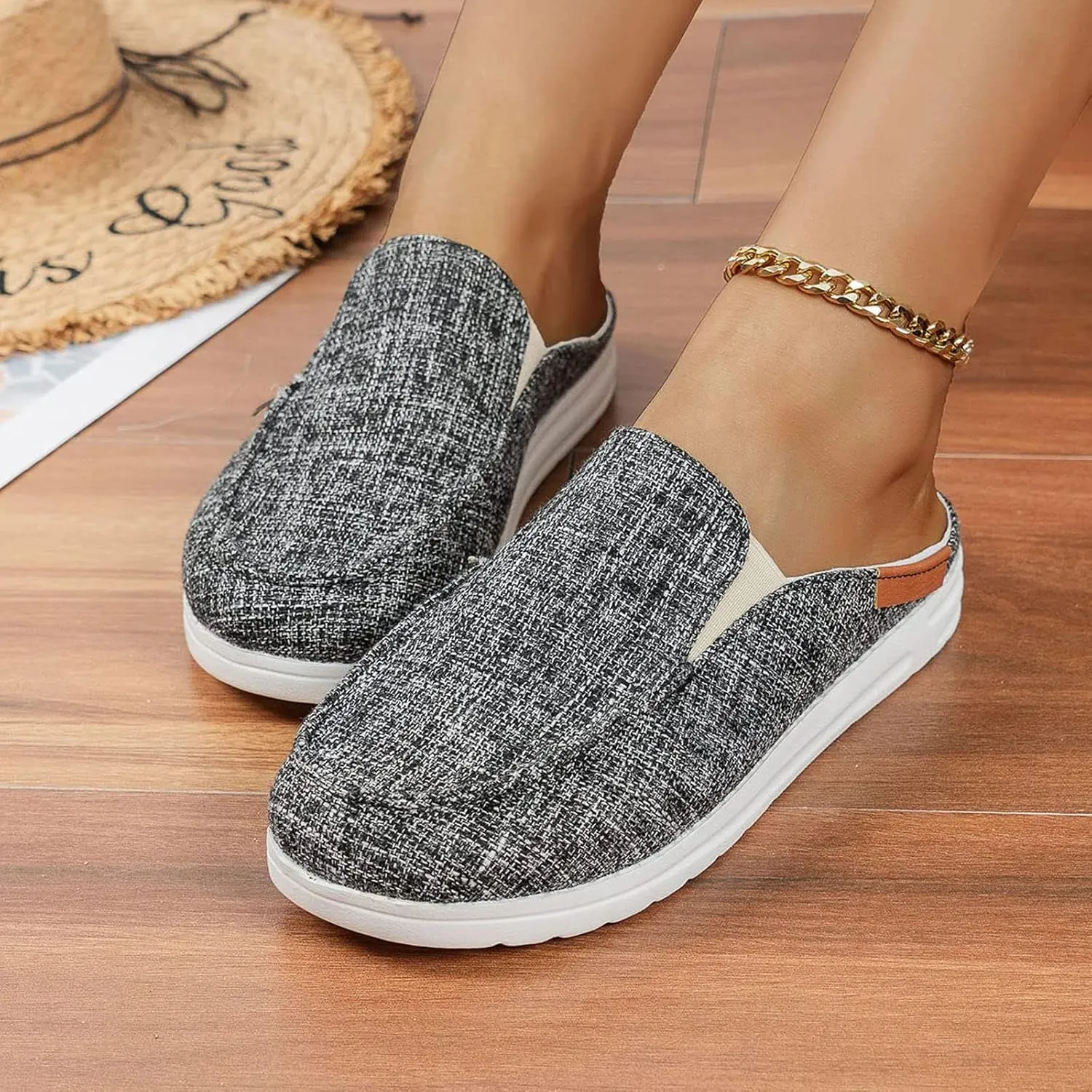 Women Canvas Slip On Lightweight Mule Sneaker,Summer Fashion Open Back Flats Walking Shoes Closed Round Toe Low Top Casual Loafer Comfort Walking Shoes