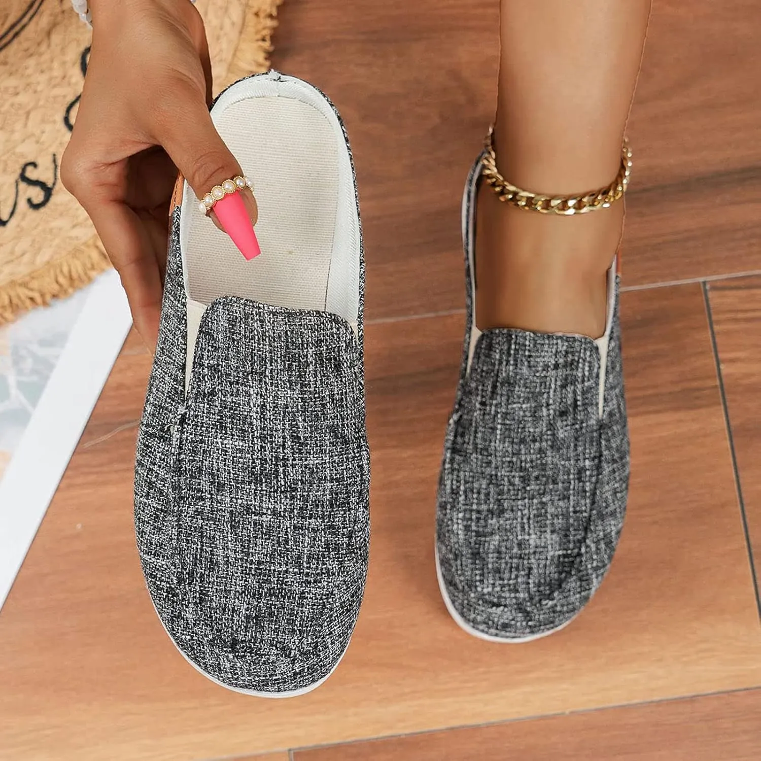 Women Canvas Slip On Lightweight Mule Sneaker,Summer Fashion Open Back Flats Walking Shoes Closed Round Toe Low Top Casual Loafer Comfort Walking Shoes