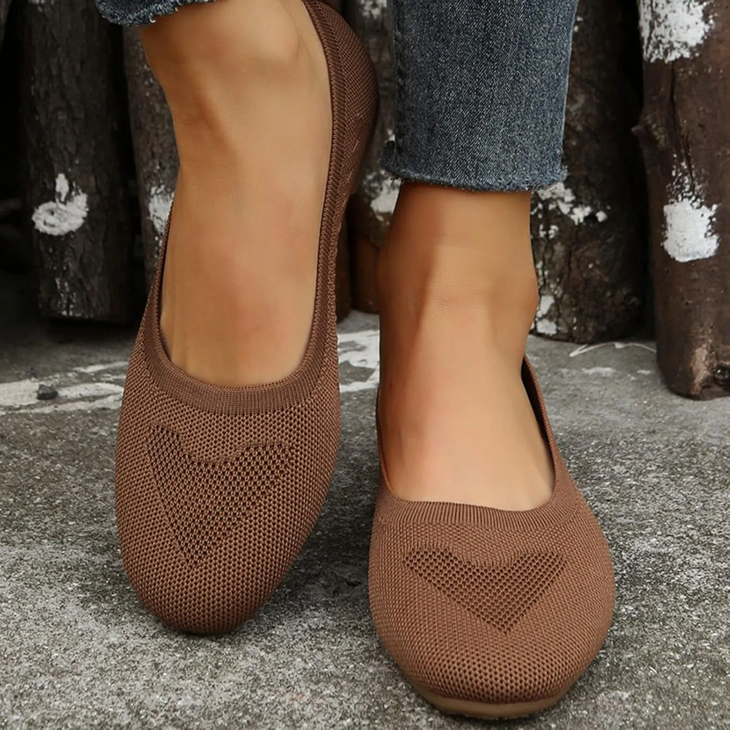 Women Flats Round-Toe Dress Shoes Comfortable Knit Shoes Slip On Loafers Casual Office Shoes Comfy Work Shoes