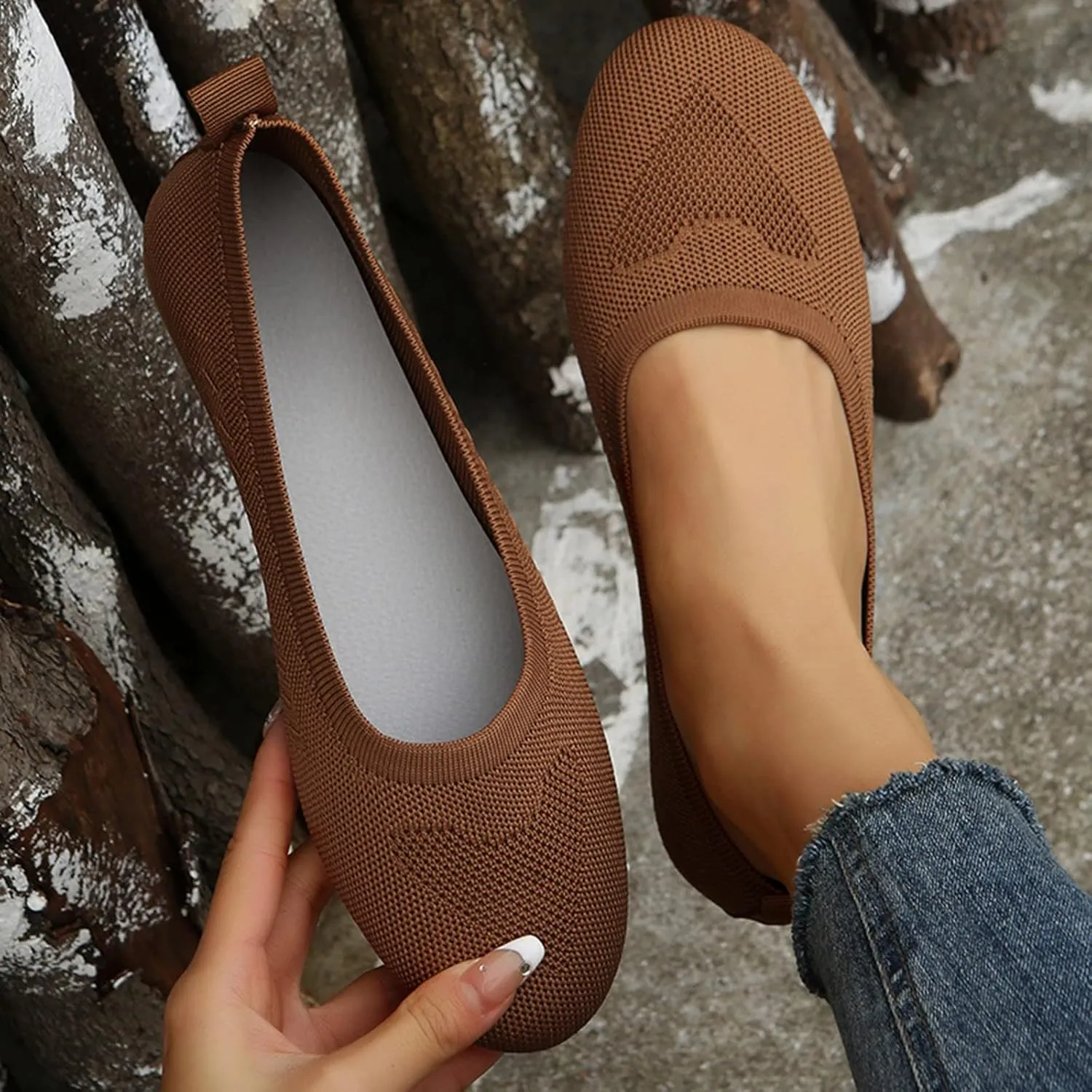 Women Flats Round-Toe Dress Shoes Comfortable Knit Shoes Slip On Loafers Casual Office Shoes Comfy Work Shoes