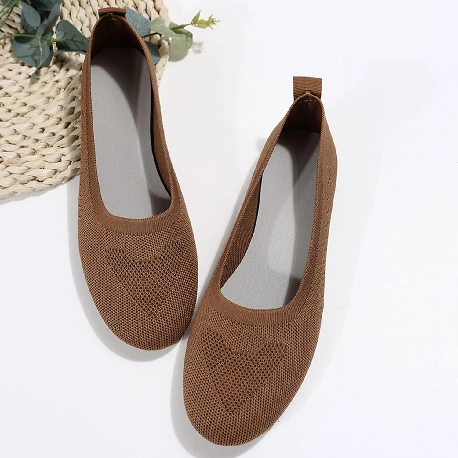 Women Flats Round-Toe Dress Shoes Comfortable Knit Shoes Slip On Loafers Casual Office Shoes Comfy Work Shoes