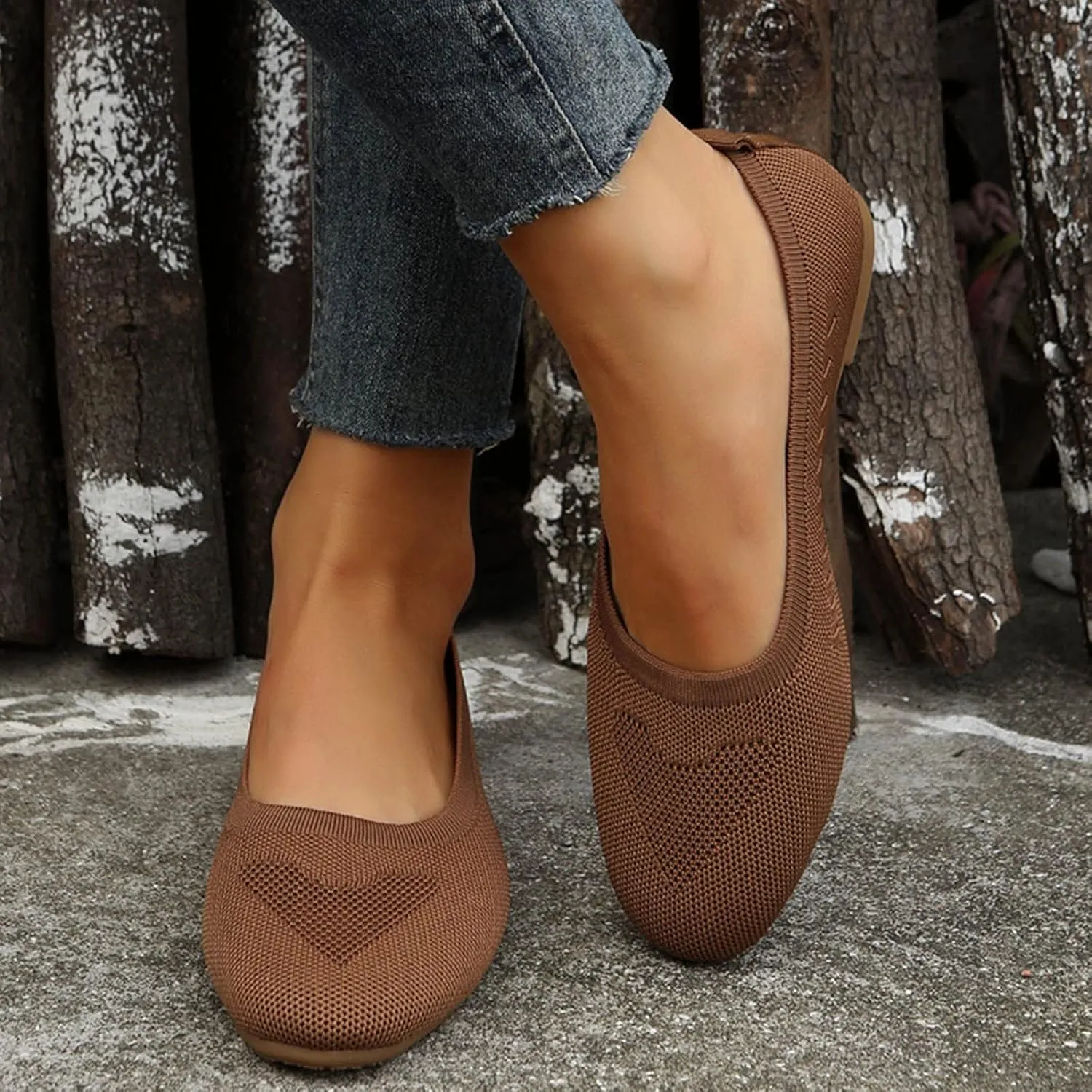 Women Flats Round-Toe Dress Shoes Comfortable Knit Shoes Slip On Loafers Casual Office Shoes Comfy Work Shoes