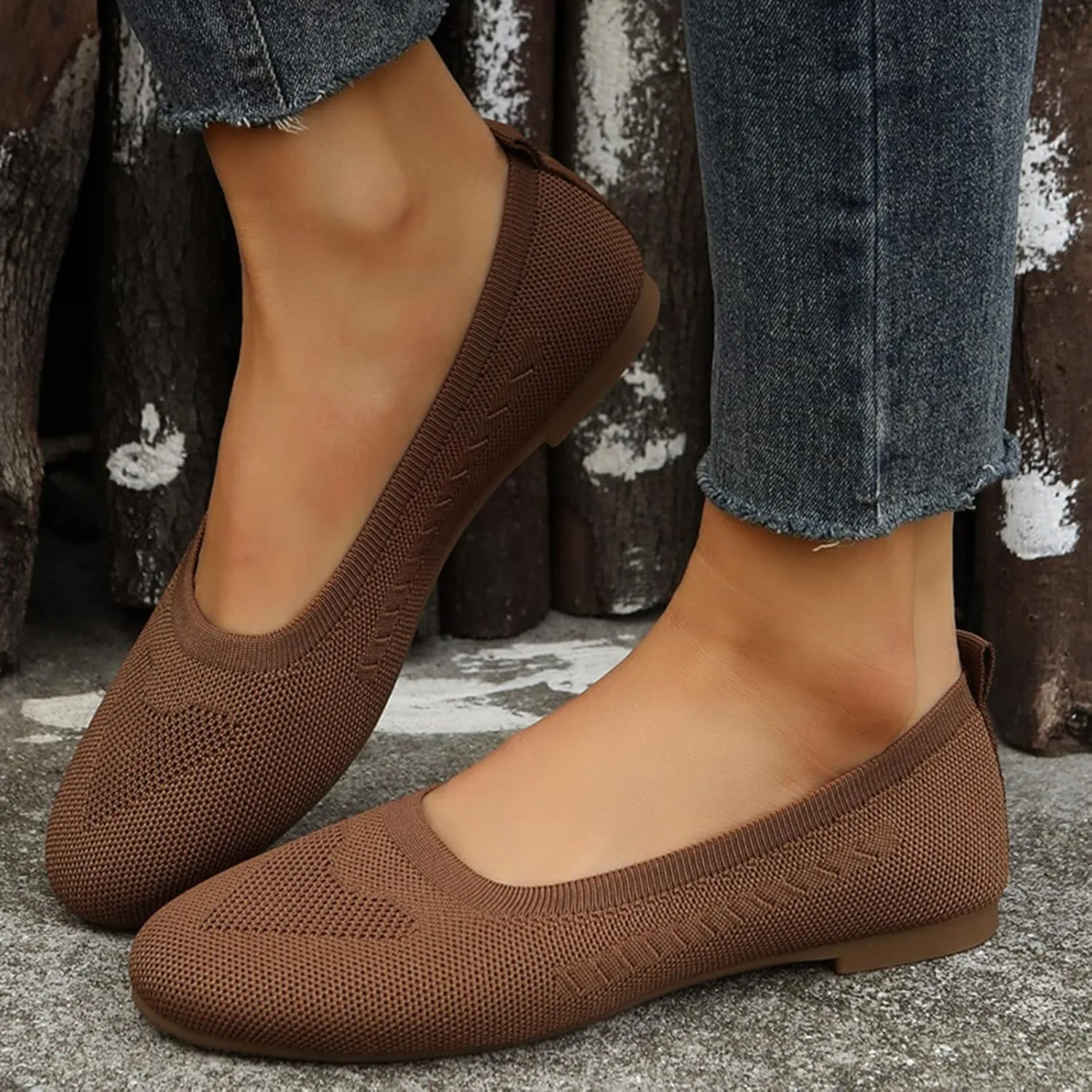 Women Flats Round-Toe Dress Shoes Comfortable Knit Shoes Slip On Loafers Casual Office Shoes Comfy Work Shoes