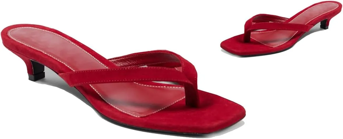 Women Flip-Flops Mules Kitten Heels Square Toe Thong Sandals Matte Comfy 1 inch Low Heel Slippers T-Straps Open Toe Outdoor Beach Summer Slip On Sandal Heels Basic Chic 4-11 M US