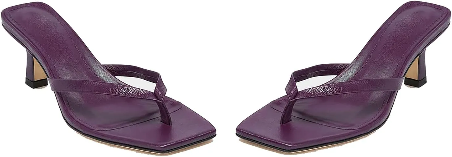 Women Flip-Flops Mules Kitten Heels Square Toe Thong Sandals Matte Comfy 1 inch Low Heel Slippers T-Straps Open Toe Outdoor Beach Summer Slip On Sandal Heels Basic Chic 4-11 M US