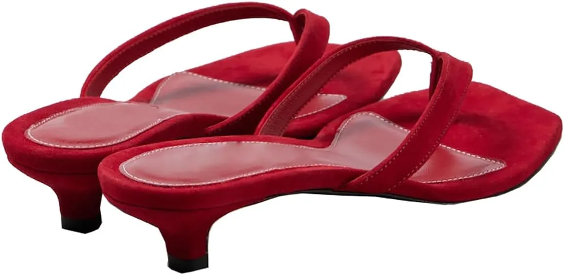 Women Flip-Flops Mules Kitten Heels Square Toe Thong Sandals Matte Comfy 1 inch Low Heel Slippers T-Straps Open Toe Outdoor Beach Summer Slip On Sandal Heels Basic Chic 4-11 M US