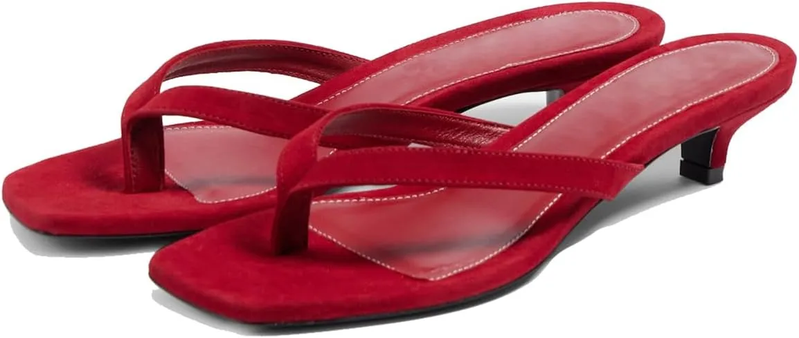 Women Flip-Flops Mules Kitten Heels Square Toe Thong Sandals Matte Comfy 1 inch Low Heel Slippers T-Straps Open Toe Outdoor Beach Summer Slip On Sandal Heels Basic Chic 4-11 M US