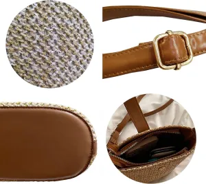 Women Straw Crossbody Bag Beach Handmade Rattan Shoulder Bags Hand Woven Leather Straps Straw Clutch Purse Vacation