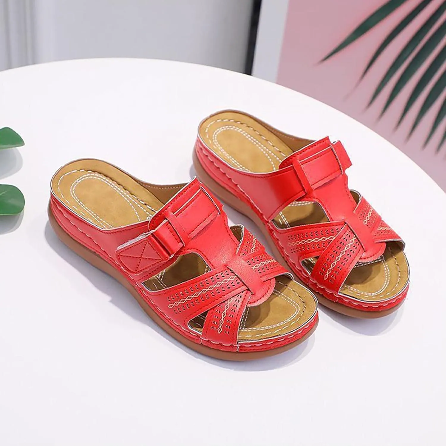 Women Wedge Arch Support Slides Summer Comfort Slip on Sandals Casual Non-Slip Slide Sandal Flat Slippers