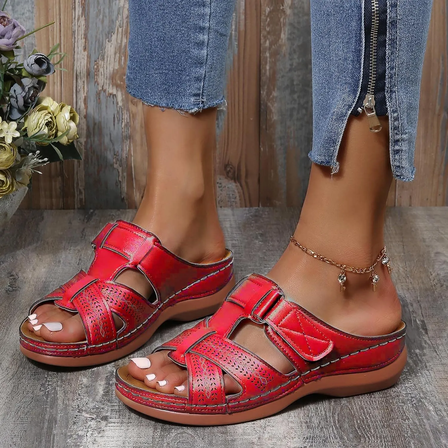 Women Wedge Arch Support Slides Summer Comfort Slip on Sandals Casual Non-Slip Slide Sandal Flat Slippers