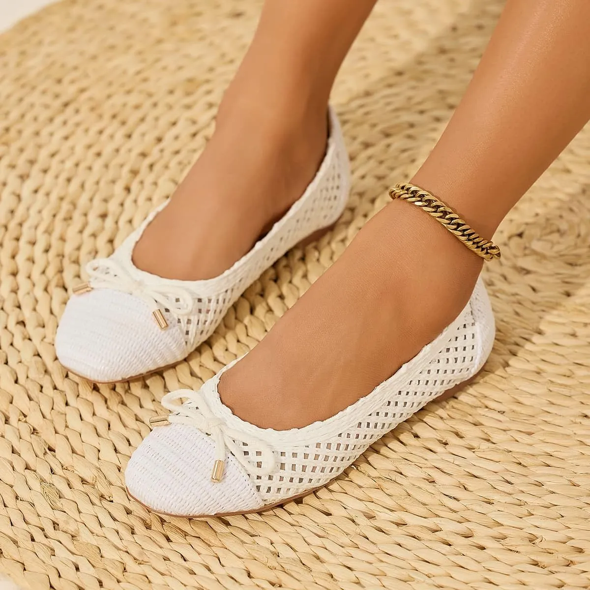 Women's Ballet Flats Fashionable Bow Weavy Squared Toe Casual Comfortable Breathable Mary Jane Flats Shoes