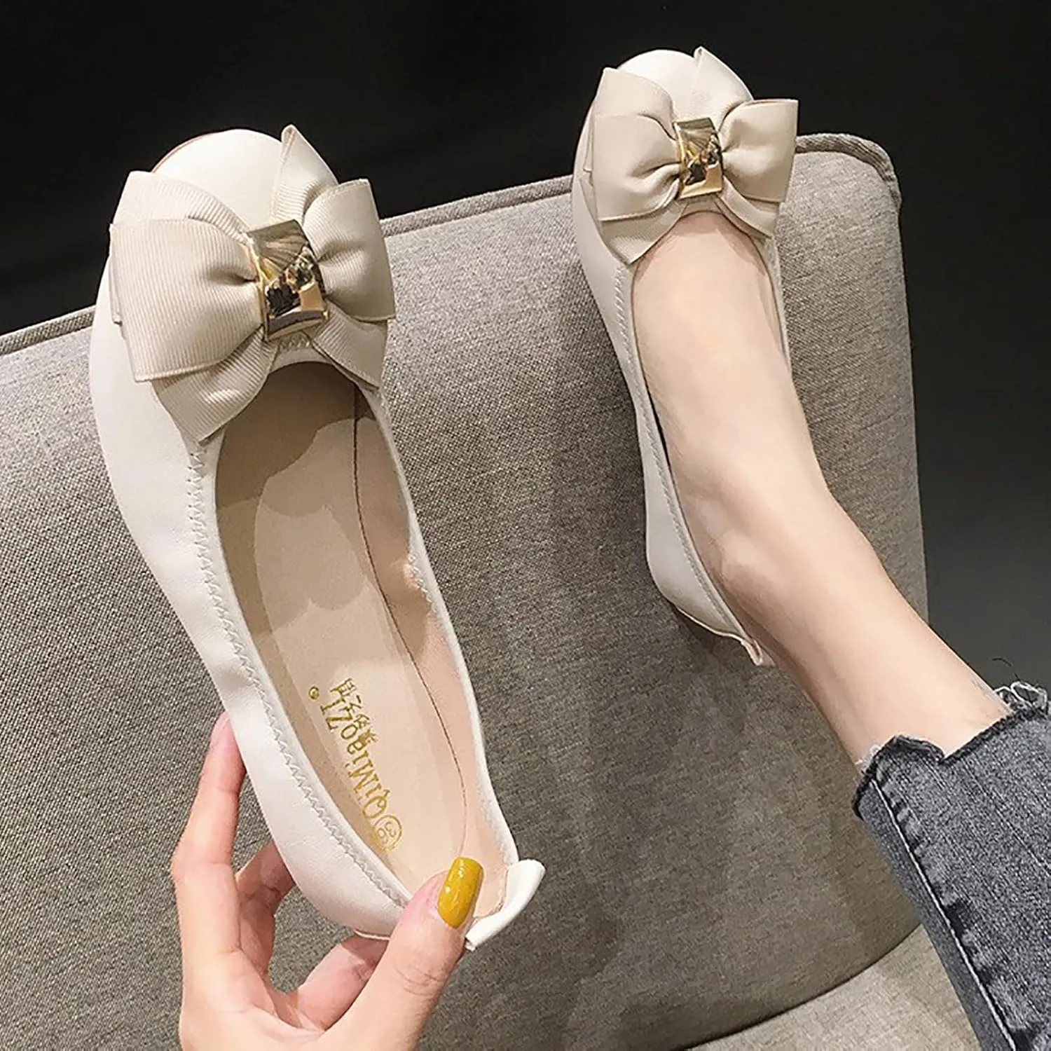Womens Bowknot Ballet Flats Round Toe Flat Shoes Leather Casual Dress Shoes Wear to Work Slip On Moccasins