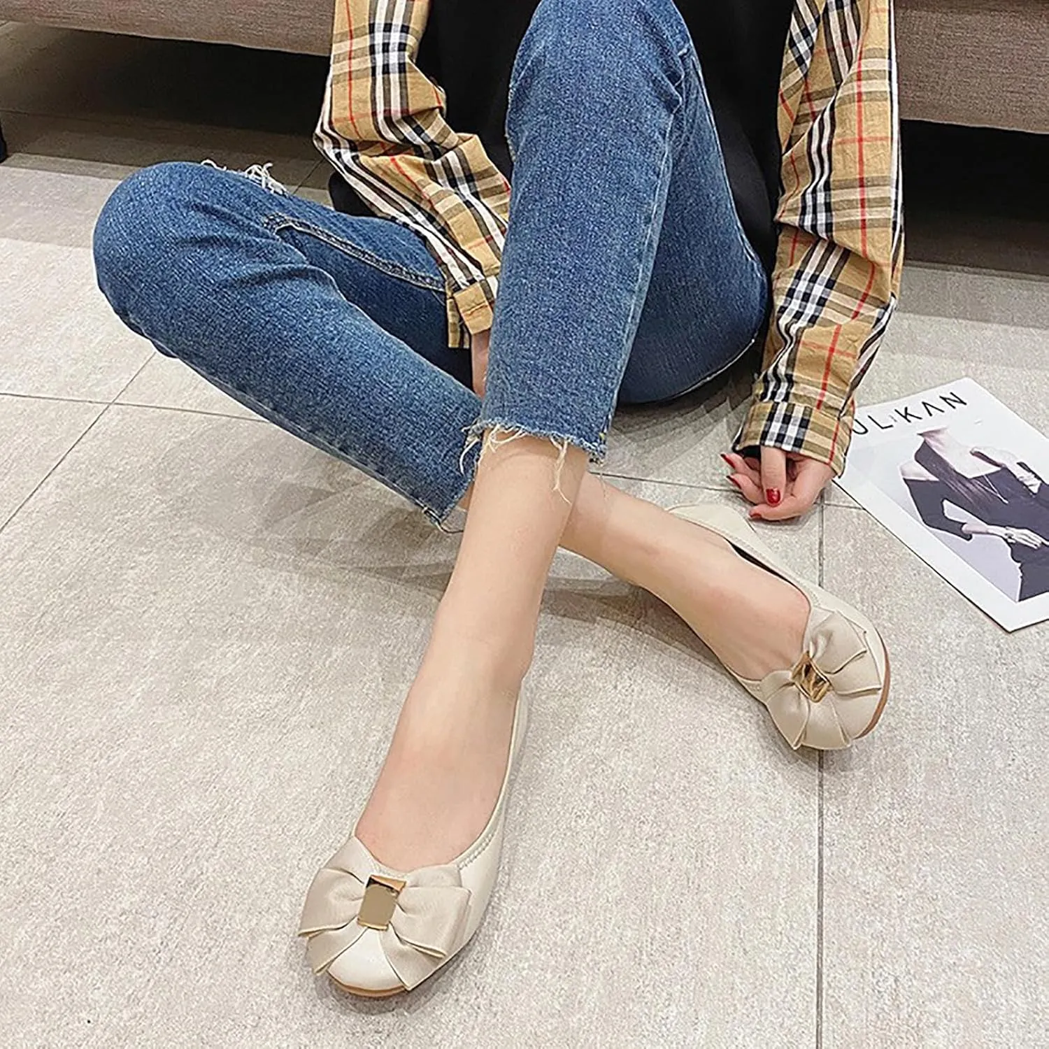 Womens Bowknot Ballet Flats Round Toe Flat Shoes Leather Casual Dress Shoes Wear to Work Slip On Moccasins