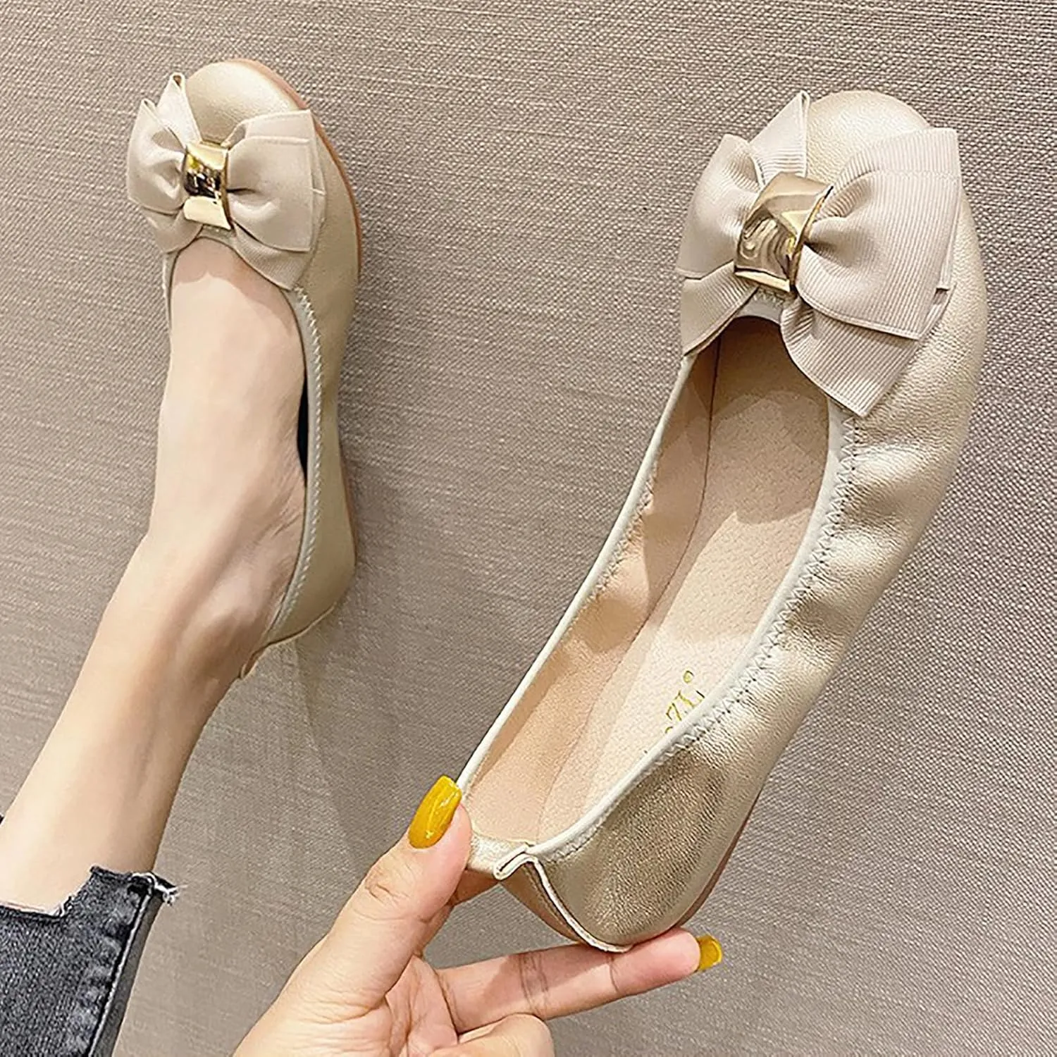 Womens Bowknot Ballet Flats Round Toe Flat Shoes Leather Casual Dress Shoes Wear to Work Slip On Moccasins