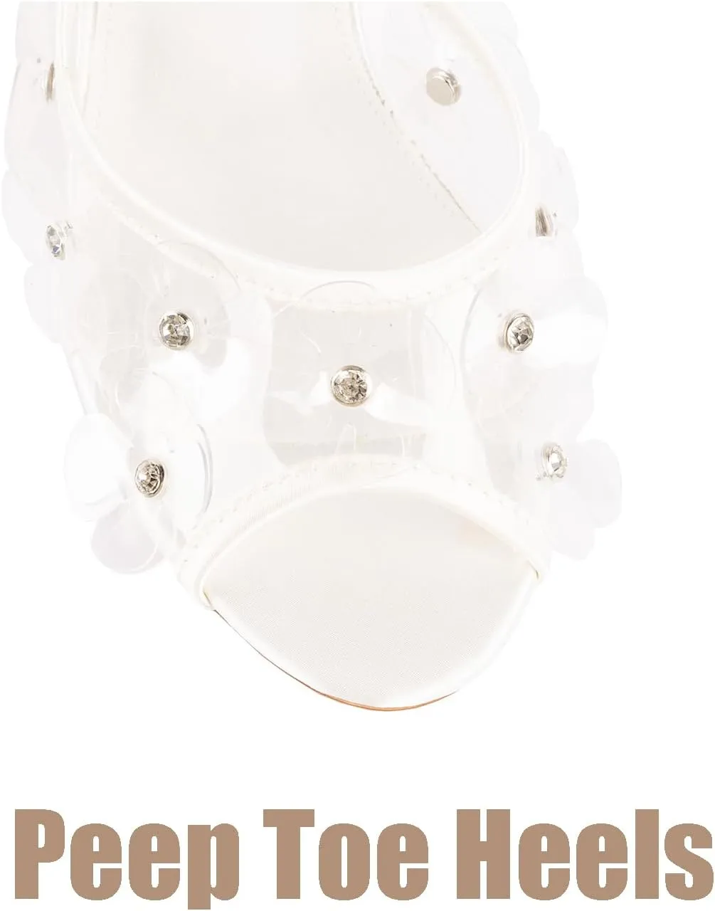 Womens Clear Round Toe Heels Stiletto Sandals Pink Strap High Heeled Mules Cute Crystal Flower Slip on Slippers for Women White Wedding Slides Summer Shoes