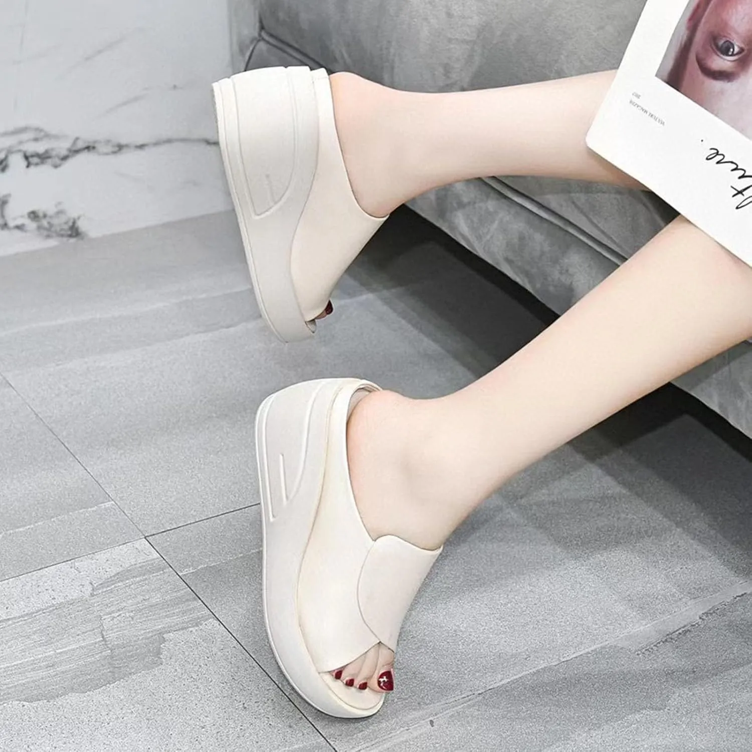 Women's Fish Mouth Platform Wedge Slippers,Lightweight Comfy Backless Mules Open Toe Non-slip Softsole Boho Beach Sandals
