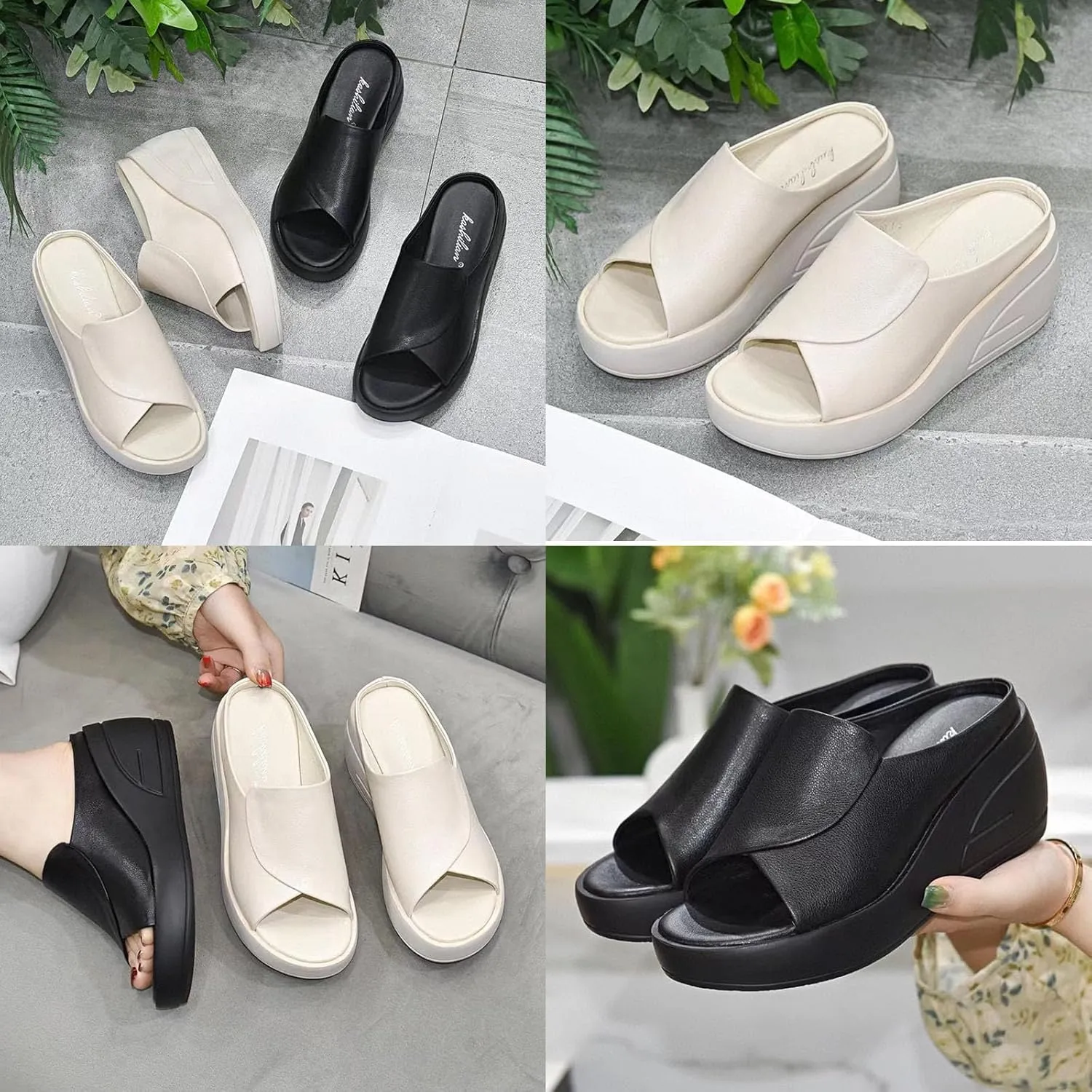 Women's Fish Mouth Platform Wedge Slippers,Lightweight Comfy Backless Mules Open Toe Non-slip Softsole Boho Beach Sandals