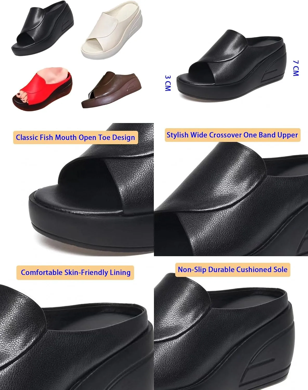 Women's Fish Mouth Platform Wedge Slippers,Lightweight Comfy Backless Mules Open Toe Non-slip Softsole Boho Beach Sandals