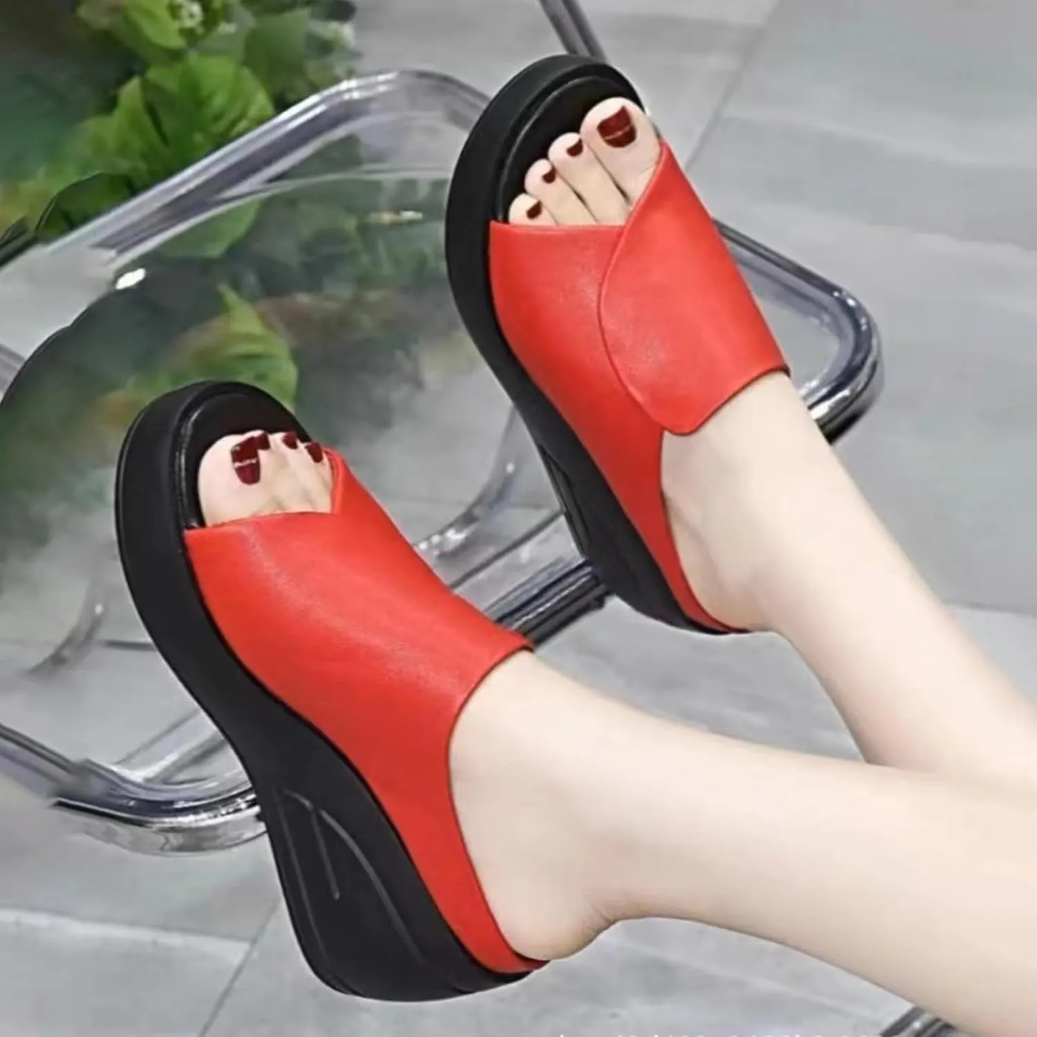 Women's Fish Mouth Platform Wedge Slippers,Lightweight Comfy Backless Mules Open Toe Non-slip Softsole Boho Beach Sandals