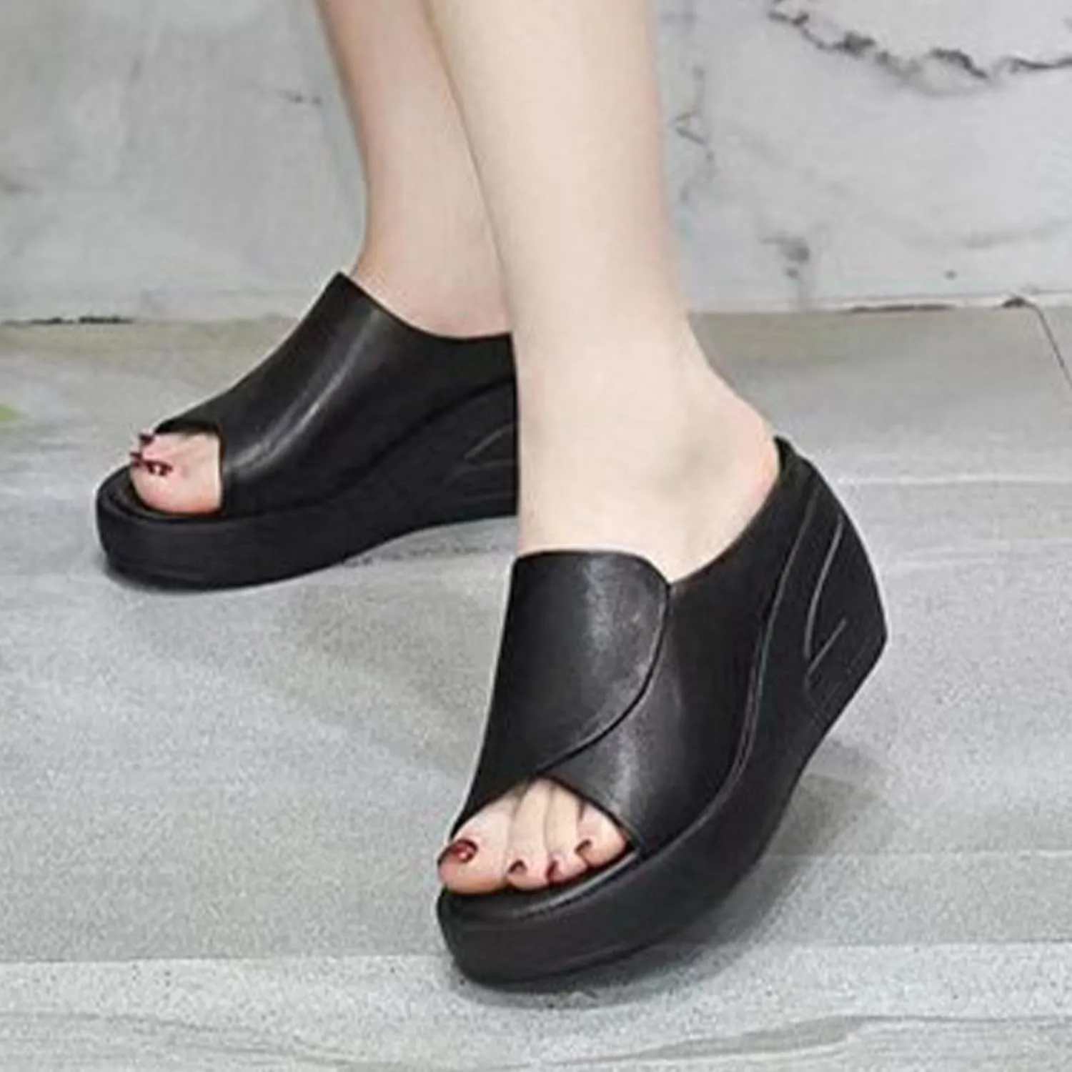 Women's Fish Mouth Platform Wedge Slippers,Lightweight Comfy Backless Mules Open Toe Non-slip Softsole Boho Beach Sandals