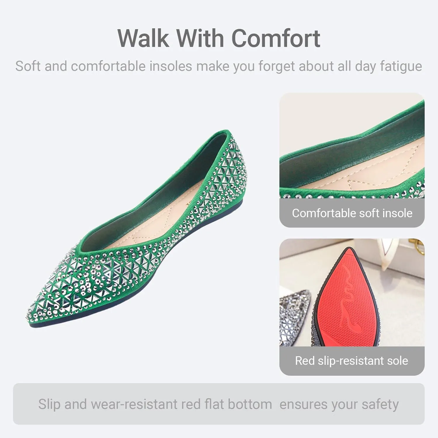 Women's Flats Comfortable Pointed Rhinestone Ballet Flats Soft Memory Foam Insole for Women Sparkle Elegant Dress Shoes