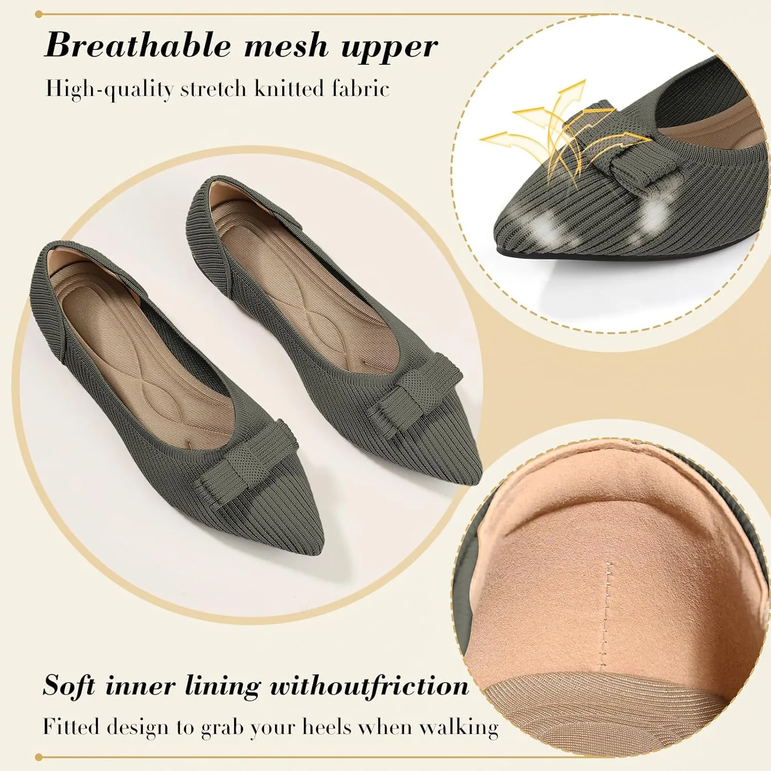 Women's Flats Pointed Toe Ballet Shoes with Bow Comfortable Knit Dressy Flat