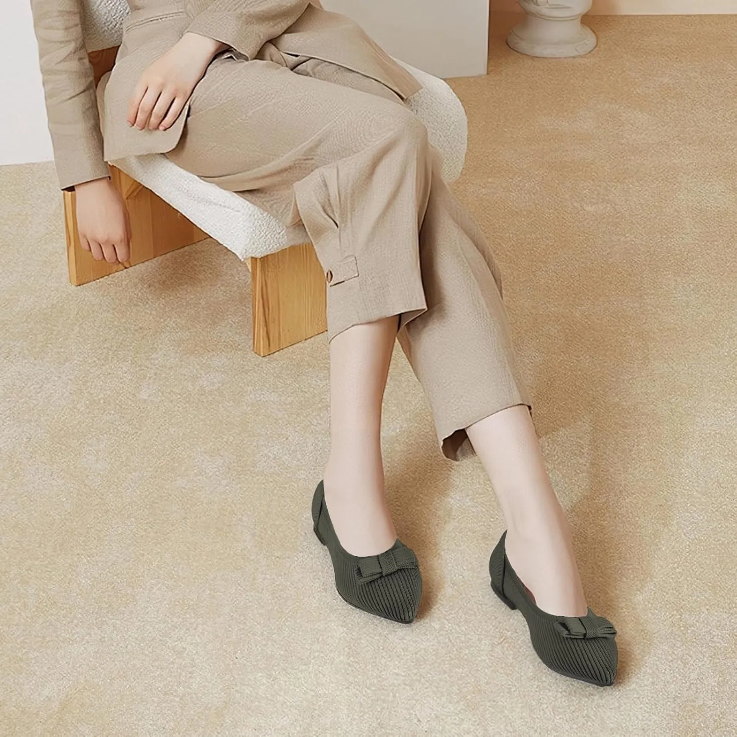 Women's Flats Pointed Toe Ballet Shoes with Bow Comfortable Knit Dressy Flat