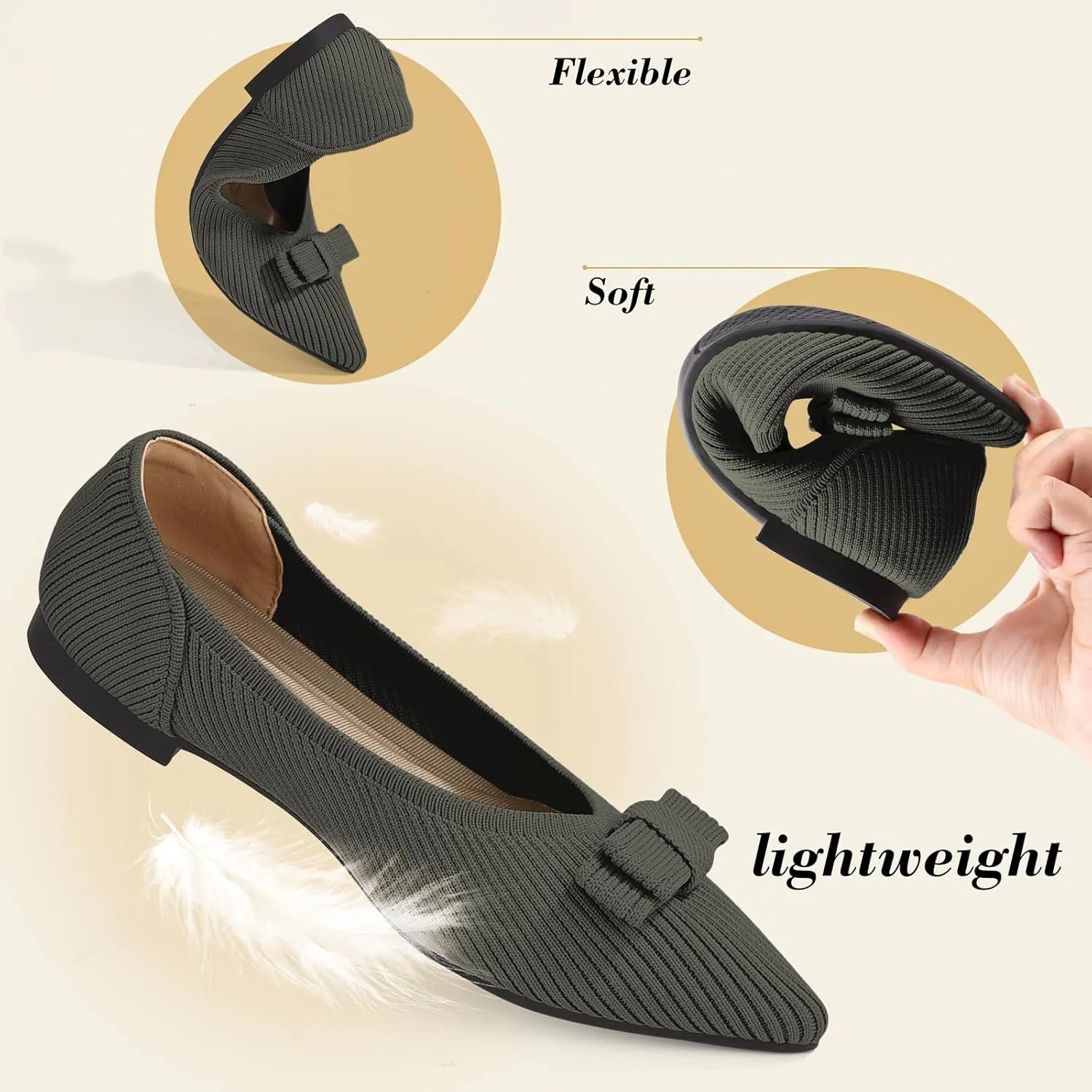 Women's Flats Pointed Toe Ballet Shoes with Bow Comfortable Knit Dressy Flat