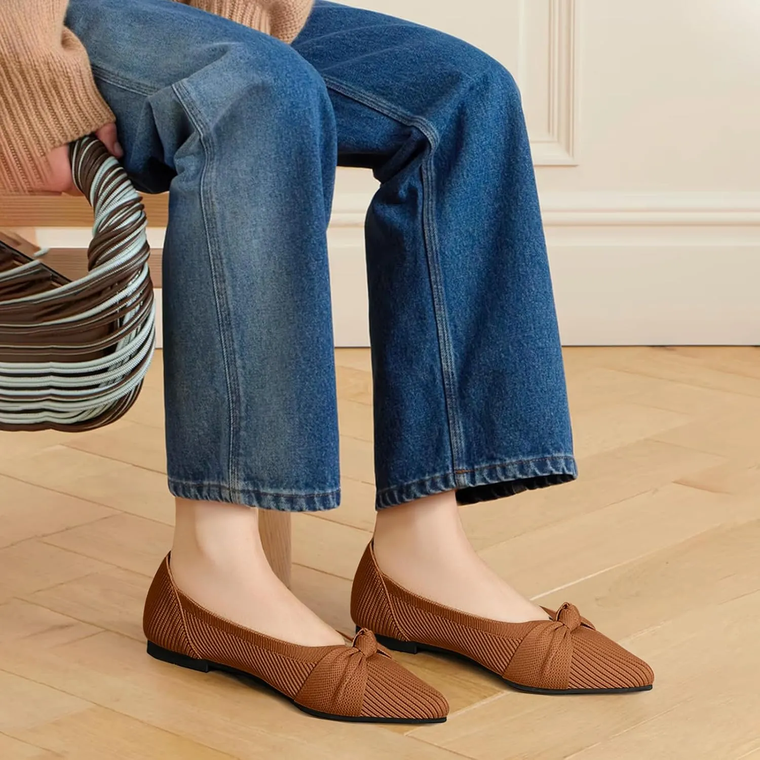Women's Flats Shoes Comfortable Dressy Pointed Toe Knit Washable Ballet Flat