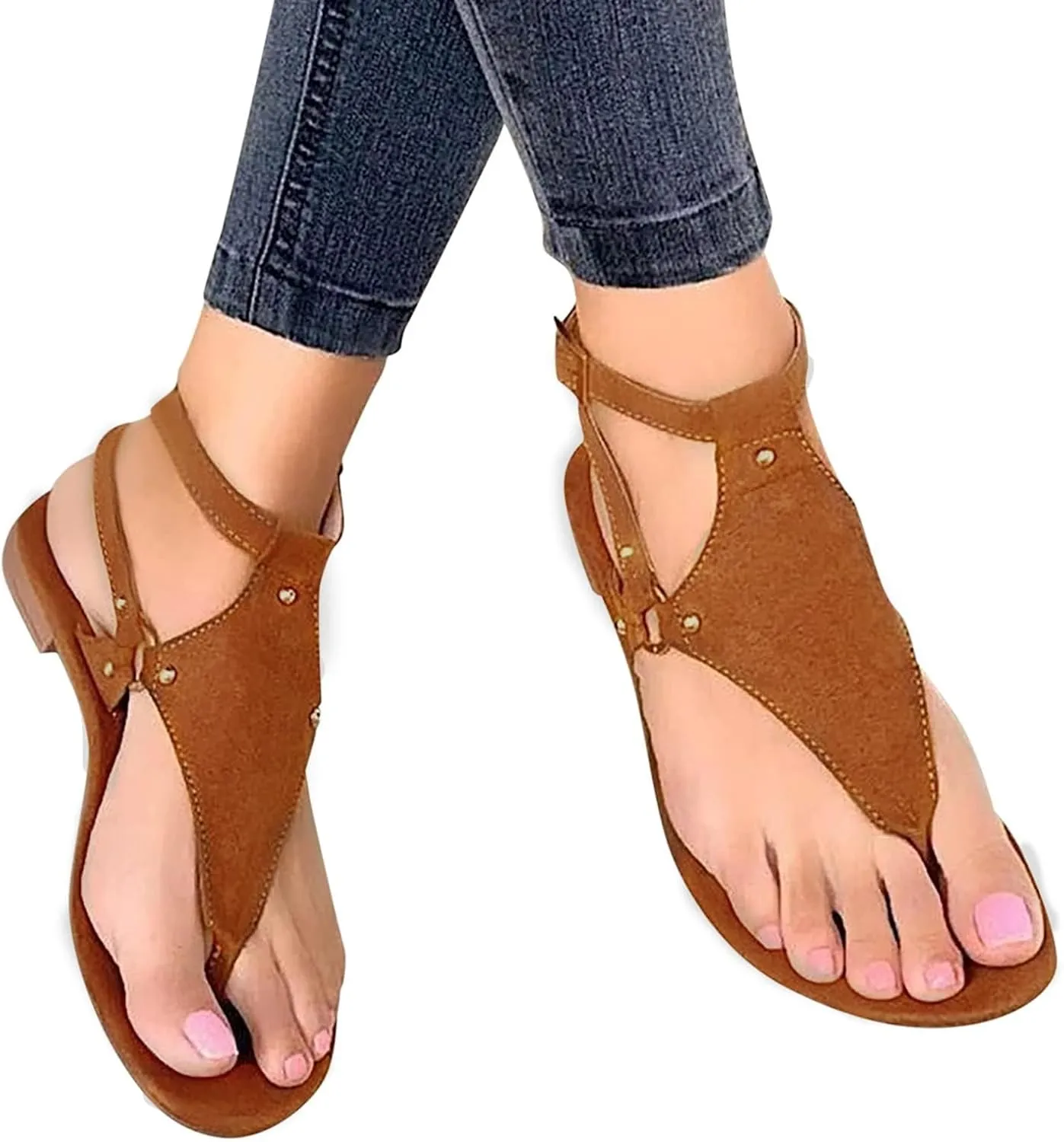 Women's Flip Flops Fashion Leather Suede Sandals Breathable Backless Walking Sandals Comfortable Summer Beach Walking Thong Cushion Sandal Ankle Strap Flats Fashion Open Toe Beach Shoes