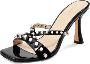 Womens Heels Square Toe Heeled Sandals for Women Low Kitten Heels Sandals Open Toe Slip on Mule for Party Wedding Dress Shoes