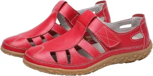 Women's Hollow Casual Shoes Leather Soft Bottom Sandals Comfortable Lightweight Non Slip Breathable Orthopedic Beach Shoes Closed Toe Summer Sneakers